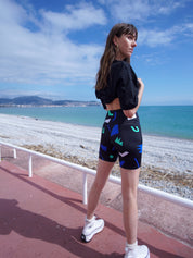 Short cycliste Noir Motif géométrique Bleu